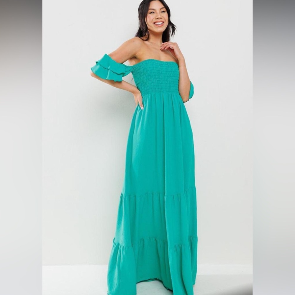 Boho Solid Flared Sleeve Long Tiered Dress